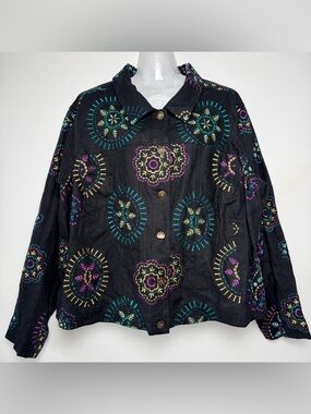Carole Little Woman Size XL 100% Linen Black Embroidered Button-Up Floral Boho